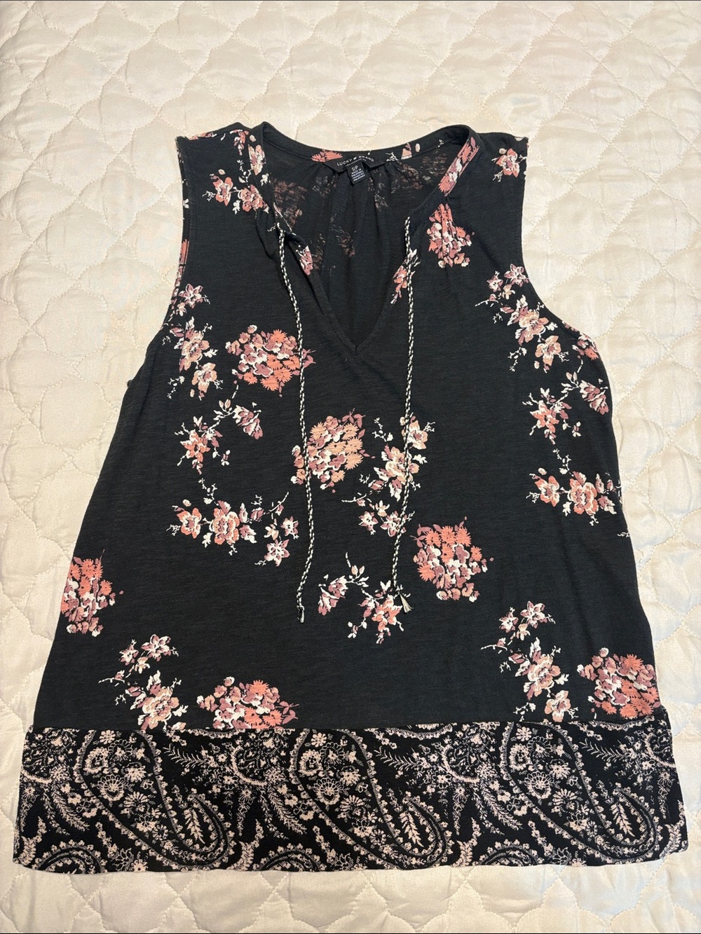 Lucky Brand Black Tank with Pink Floral Print and Paisley Hem
